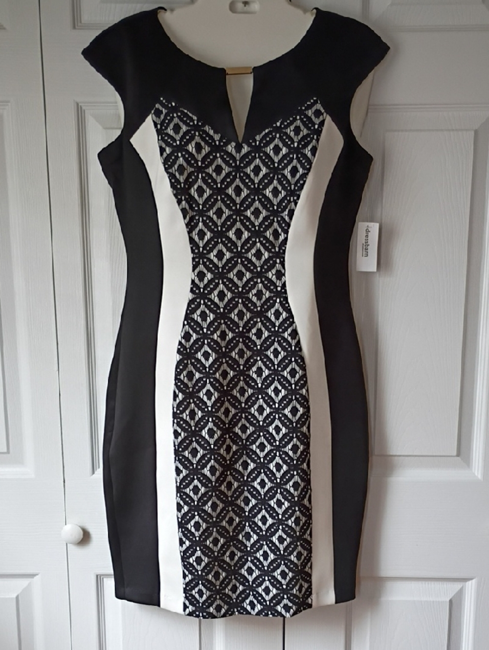 NWT Black and White Lace-Panel Midi Dress with Cap Sleeves